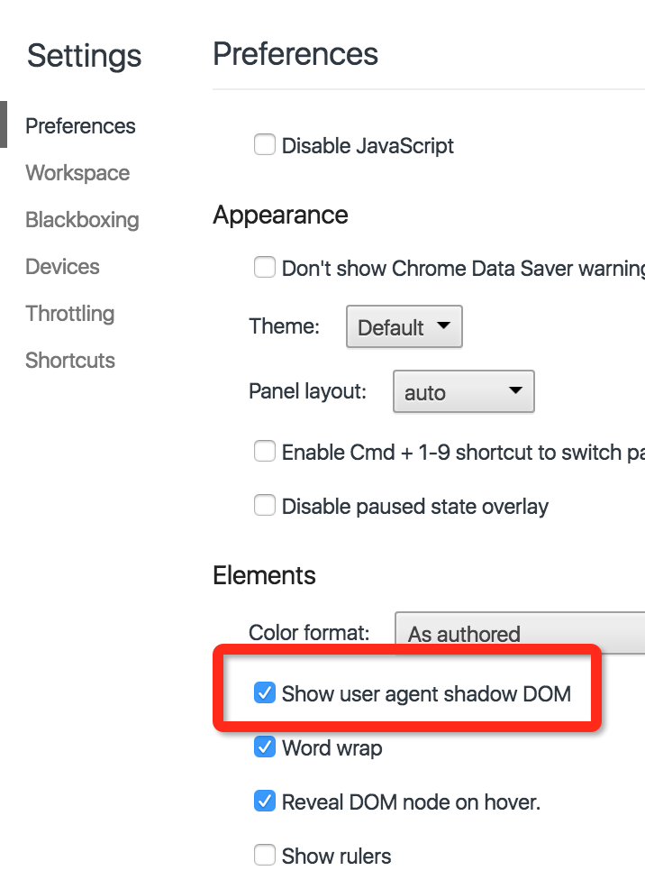 chrome设置Show user agent shadow DOM